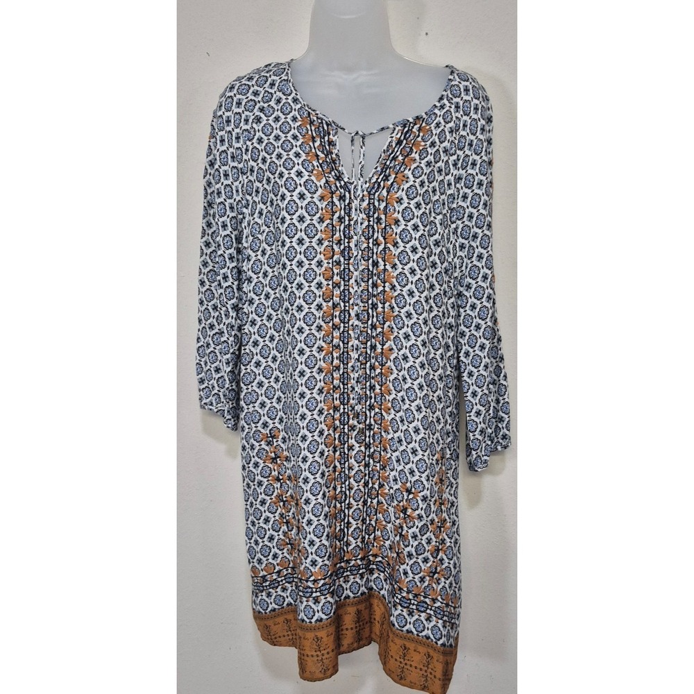Skies are Blue women's blue geometric floral print shift tunic dress Med boho